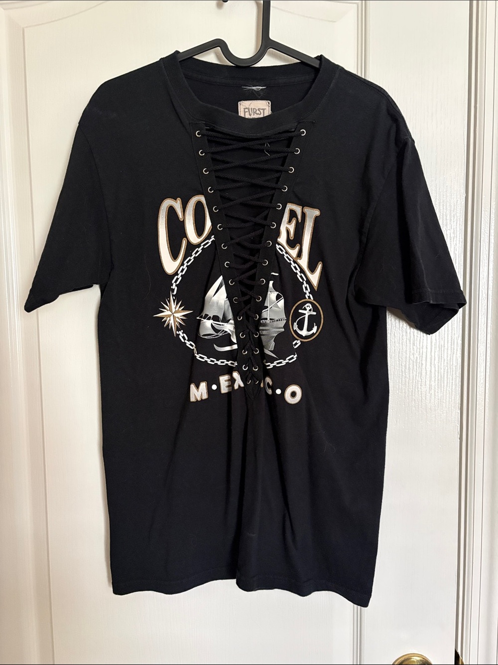 LF Black Lace-Up Short Sleeve Reworked Cozumel Mexico Tee
